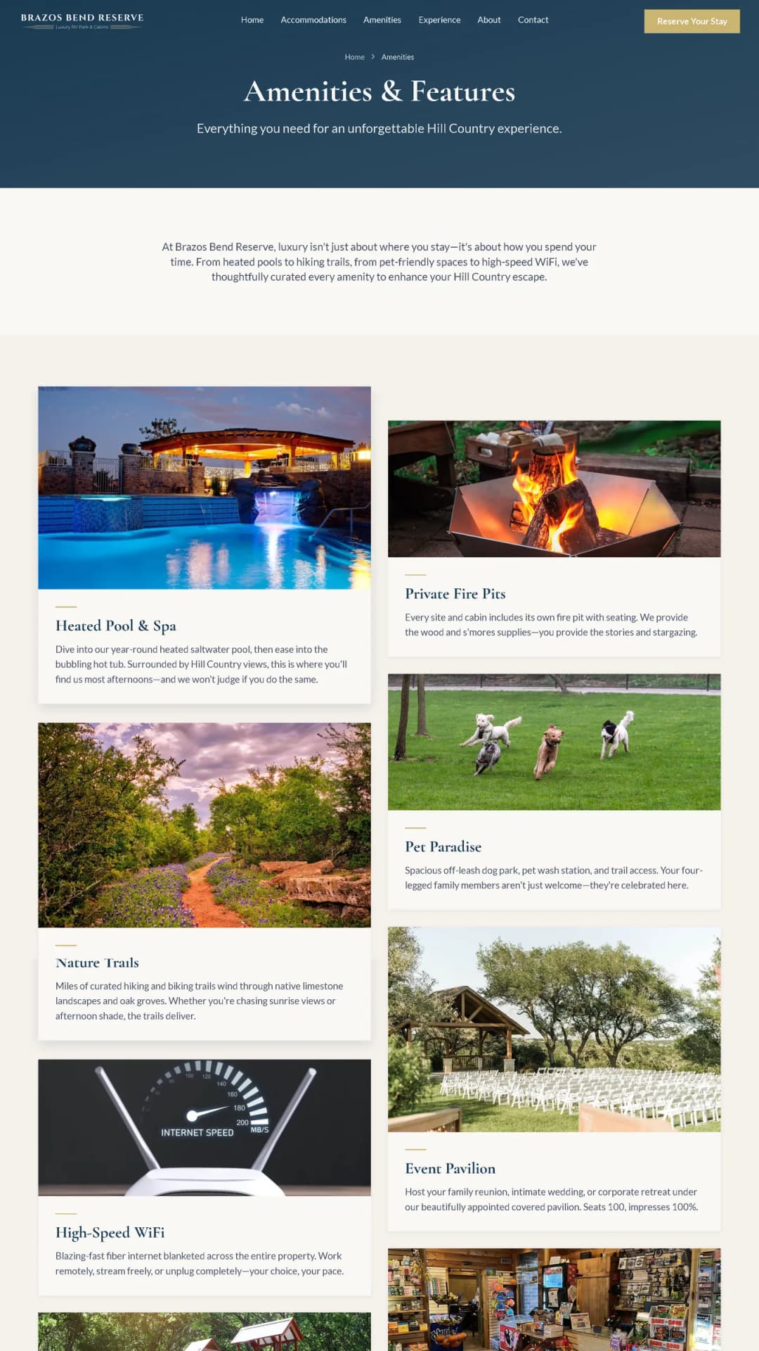 Brazos Bend Reserve amenities page concept, a Stravity Studio build