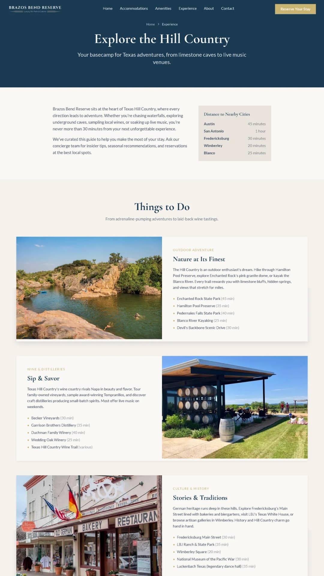 Brazos Bend Reserve Hill Country experience page, a Stravity Studio build