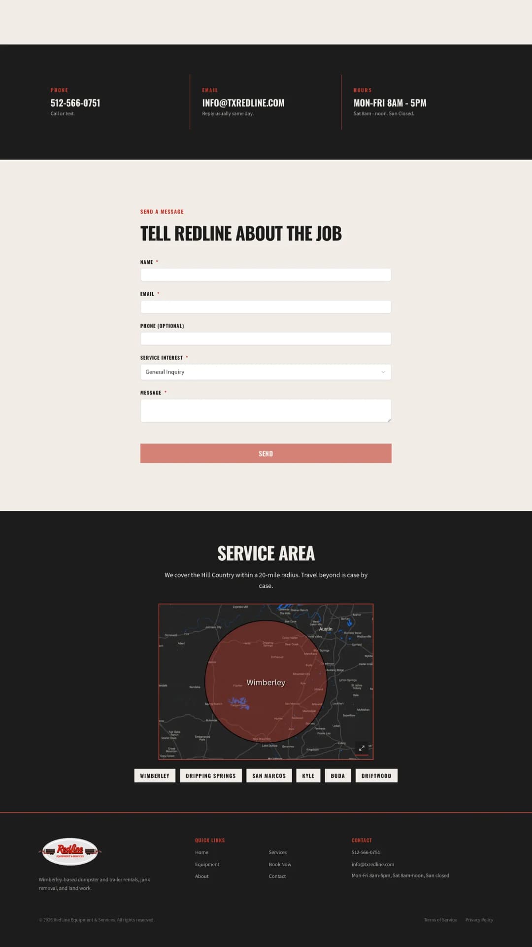 RedLine Equipment contact page and service area map, a Stravity Studio build