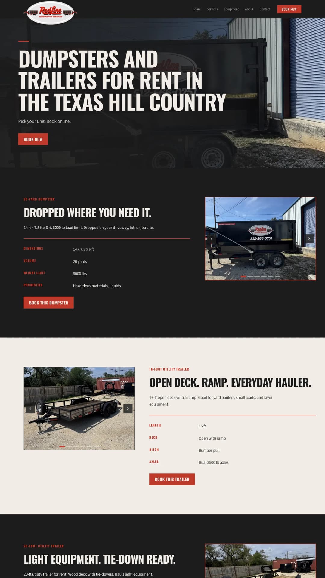 RedLine Equipment dumpster and trailer rental homepage, a Stravity Studio build