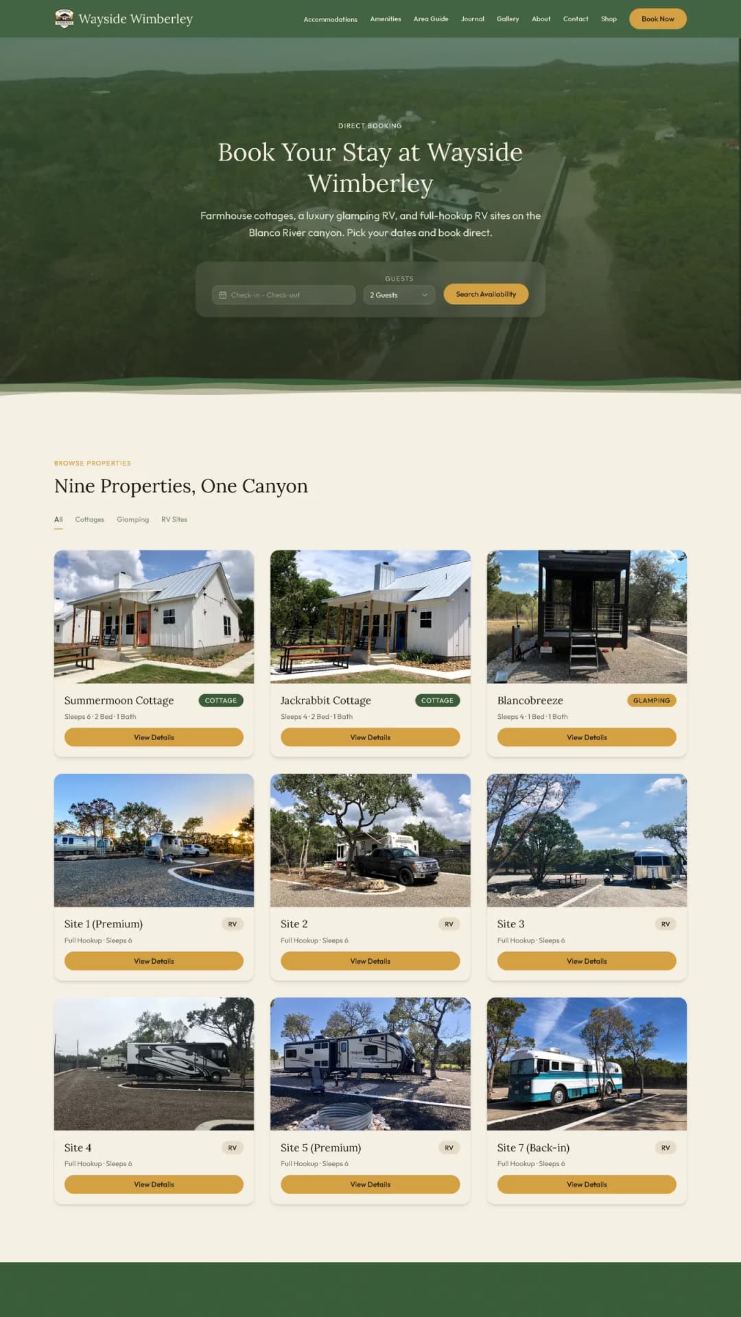 Wayside Wimberley booking site homepage, a Stravity Studio build