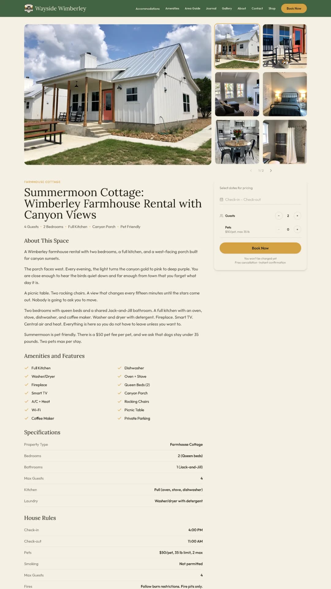 Wayside Wimberley Summermoon Cottage listing page, a Stravity Studio build