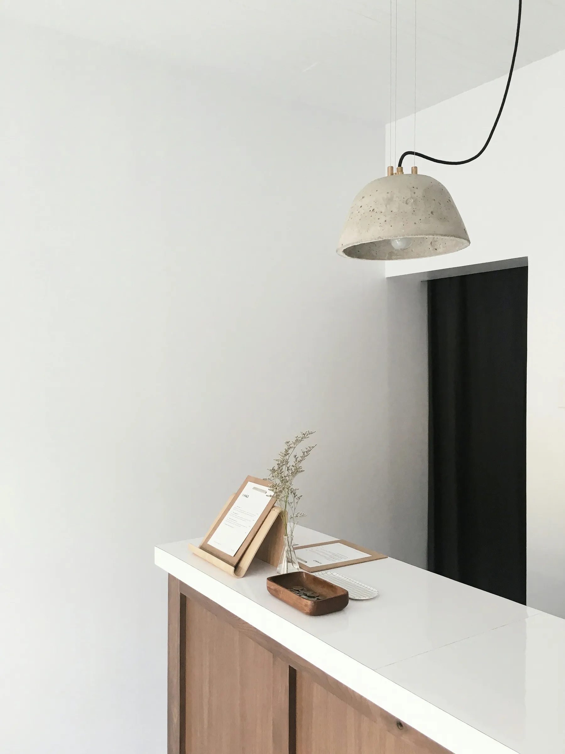Minimalist med spa reception desk with a concrete pendant lamp and dried florals
