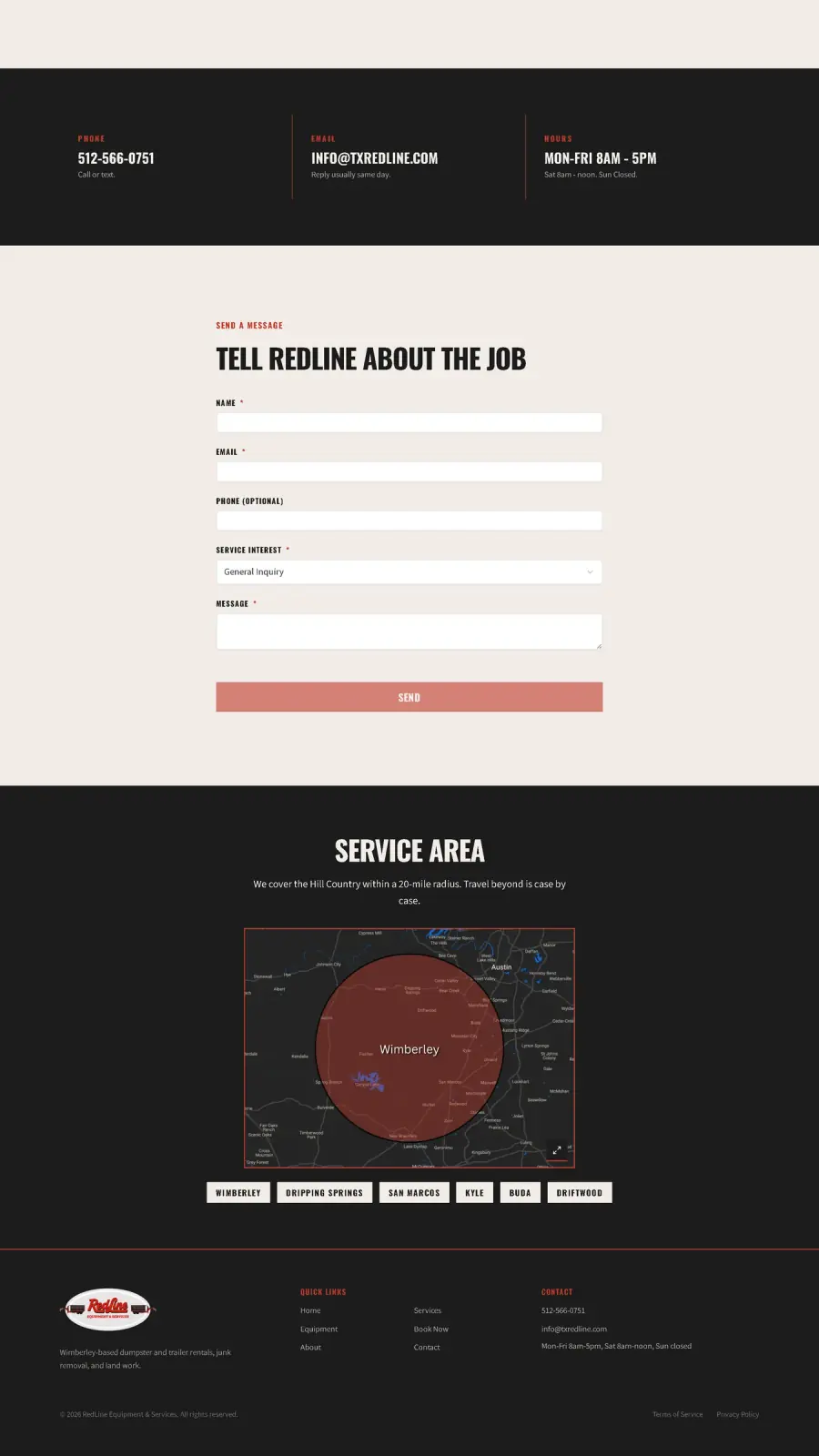 RedLine Equipment contact page and service area map, a Stravity Studio build