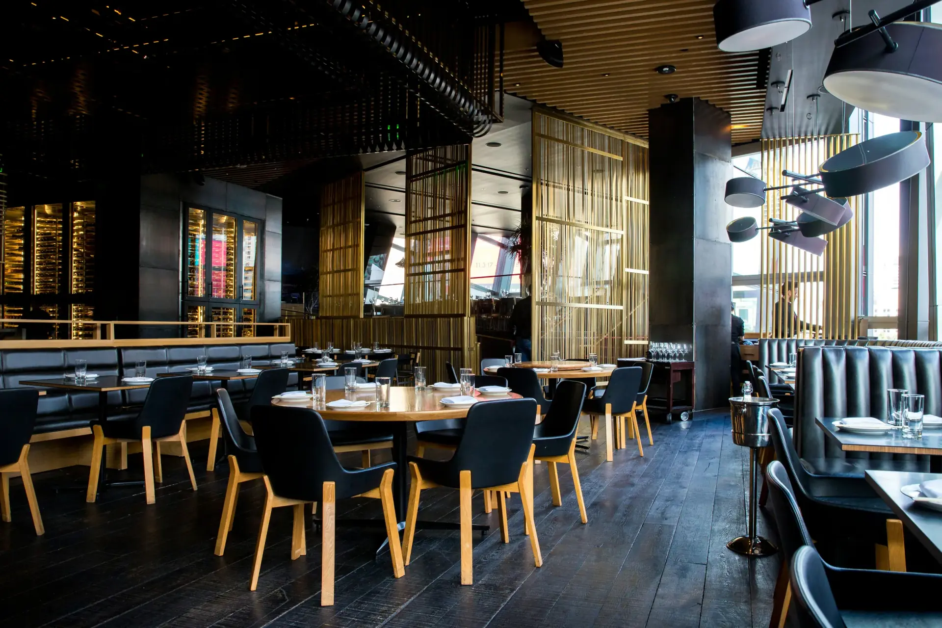 Upscale restaurant dining room with warm modern interior