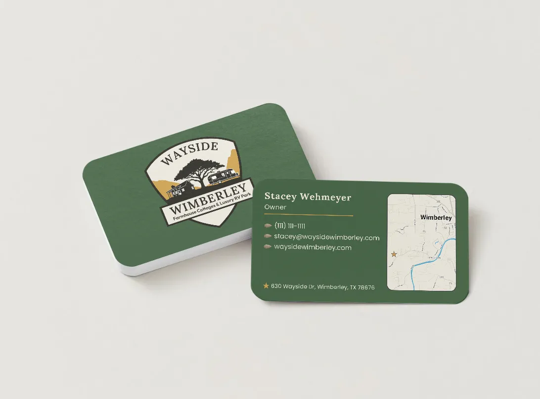 Wayside Wimberley business cards showing logo front and Stacey Wehmeyer's contact info with custom map on back