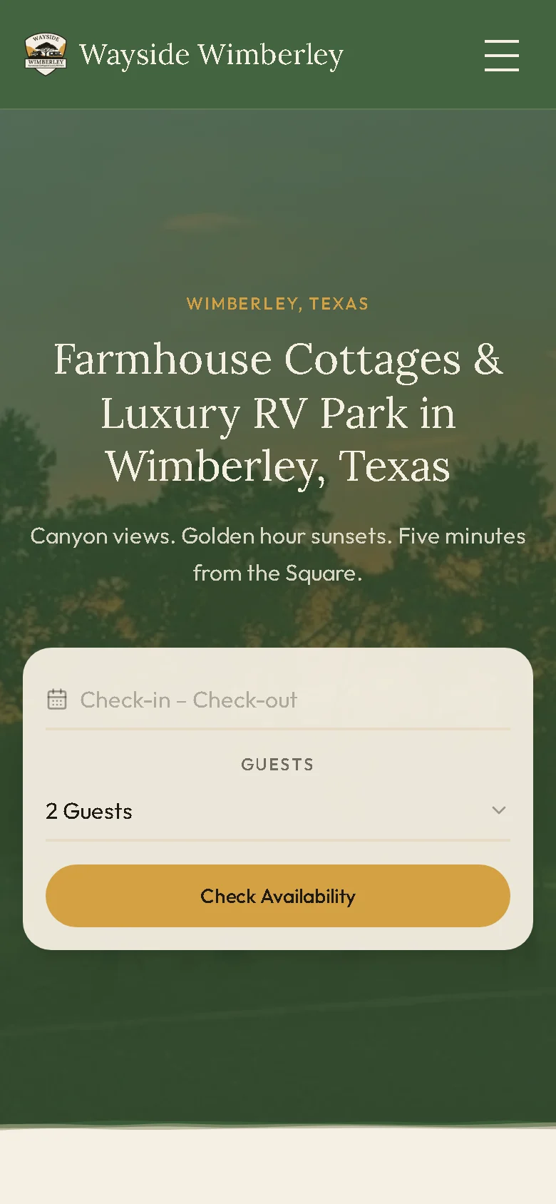 The live Wayside Wimberley homepage on a phone, one tap to book