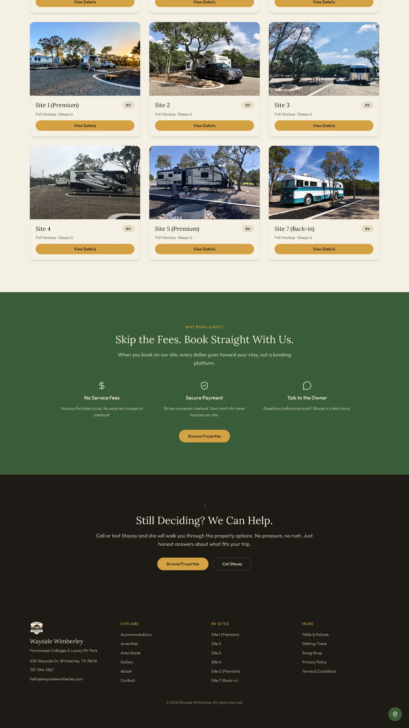 Wayside Wimberley stay listings, filterable at a glance