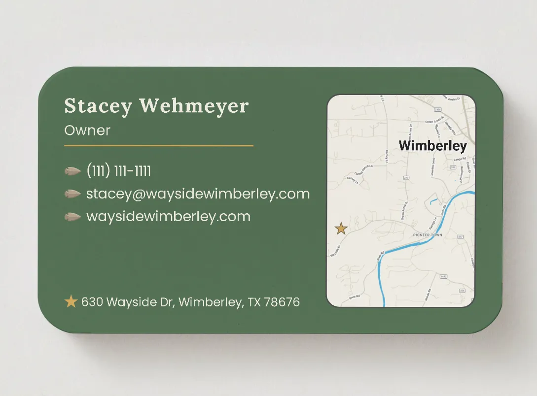 Wayside Wimberley business card for owner Stacey Wehmeyer with custom map of Wimberley, Texas