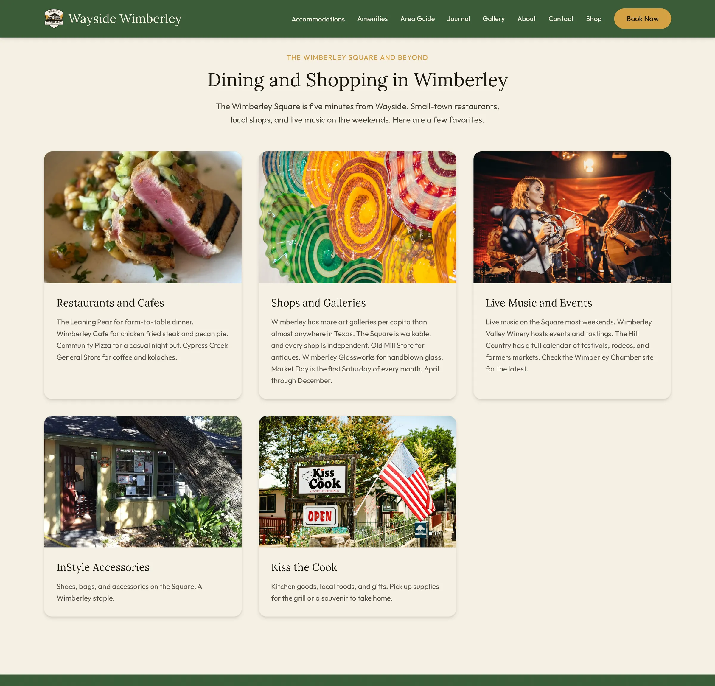 Wayside Wimberley area guide page featuring dining, shops, and live music near the Wimberley Square